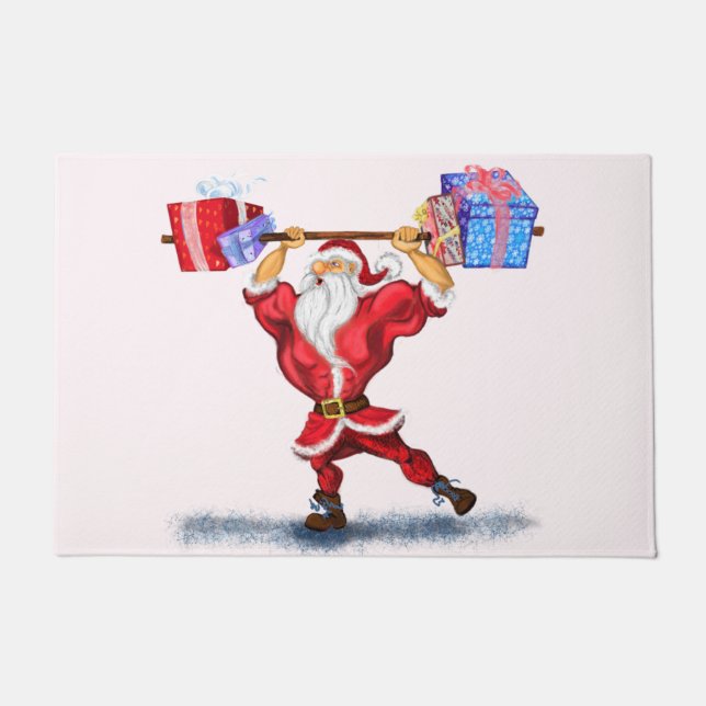 Bodybuilder Santa Claus with Christmas Gifts - Fun Doormat (Front)