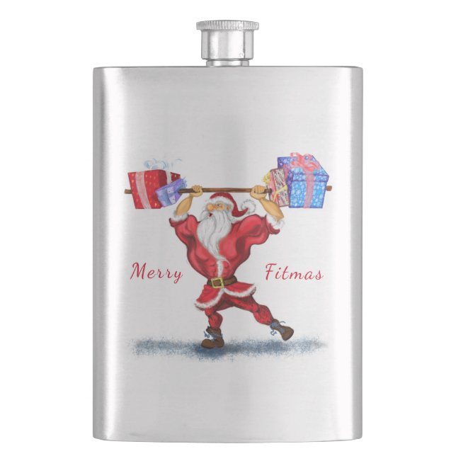 Bodybuilder Santa Claus with Christmas Gifts - Fun Hip Flask (Front)
