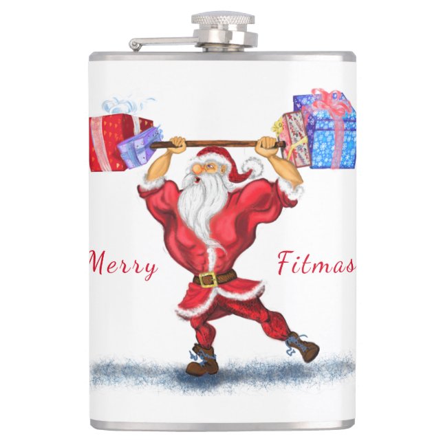 Bodybuilder Santa Claus with Christmas Gifts - Fun Hip Flask (Front)