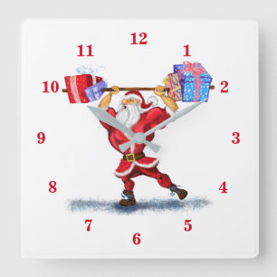 Bodybuilder Santa Claus with Christmas Gifts - Fun Square Wall Clock
