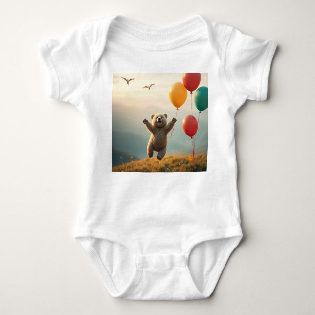 Bodysuit Happy baby bear flying with balloons  (Front)