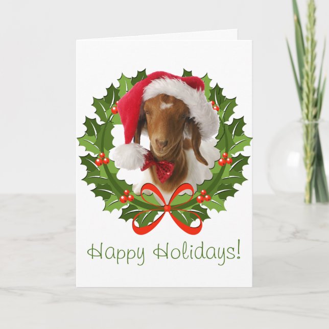 Boer Goat Happy Holidays  in Wreath Holiday Card (Front)
