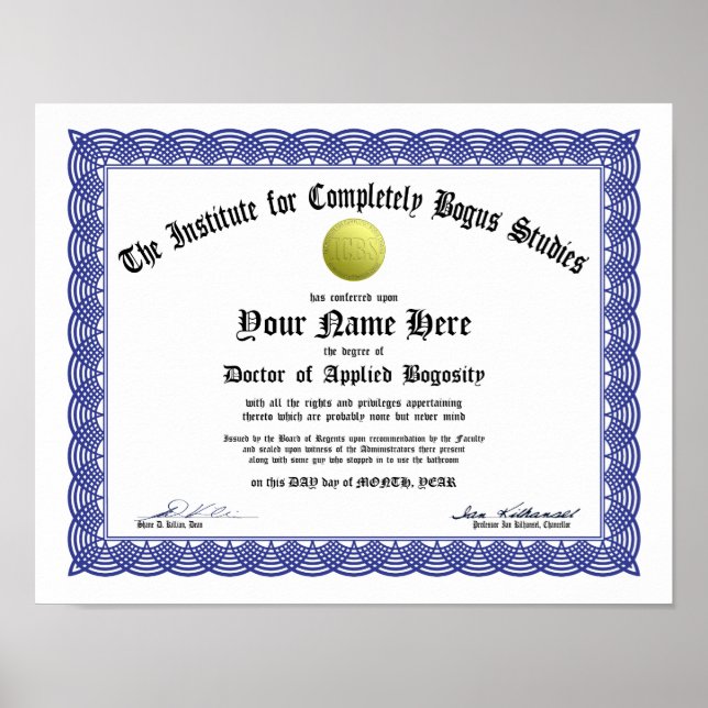 Bogus Doctorate Certificate - Applied Bogosity Poster (Front)