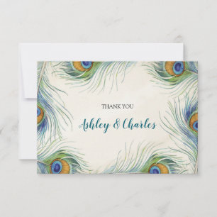 Boheamian Peacock Feather Elegant Teal Wedding Thank You Card