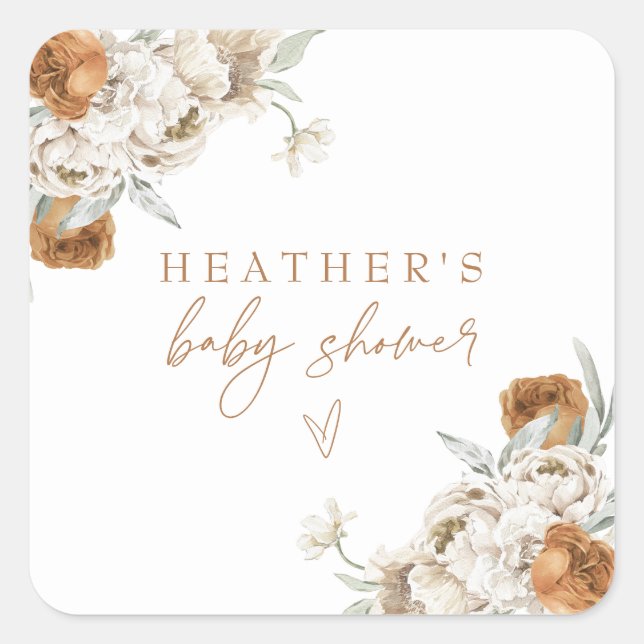 BOHEME Terracotta Floral Bohemian Baby Shower Square Sticker (Front)