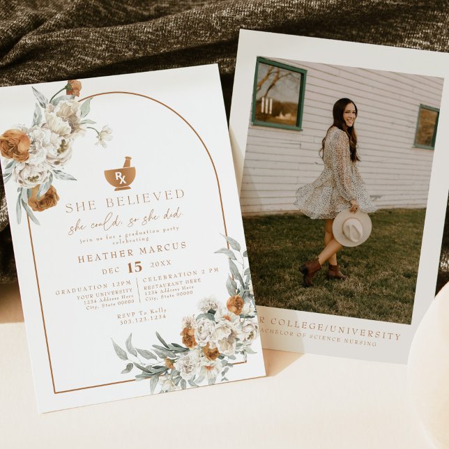 BOHEME Terracotta Floral Boho Pharmacy Graduation Invitation (Creator Uploaded)