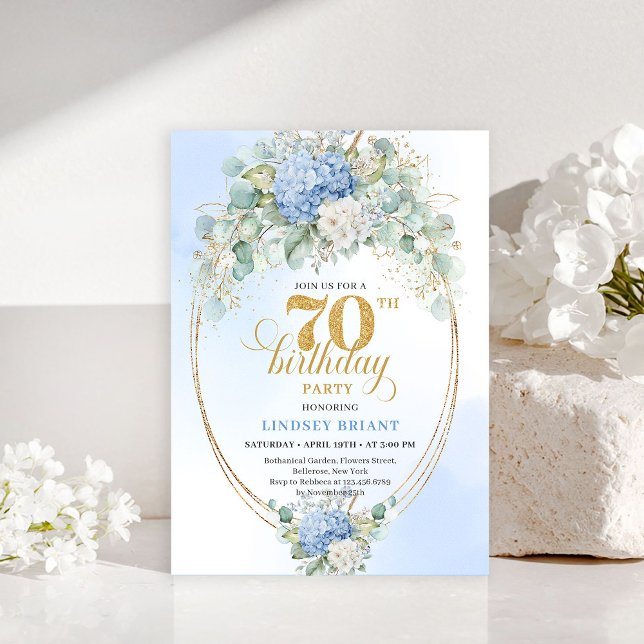 Bohemian 70th Birthday Blue Floral Gold Invitation (Bohemian 70th Birthday Blue Floral Gold Invitation)