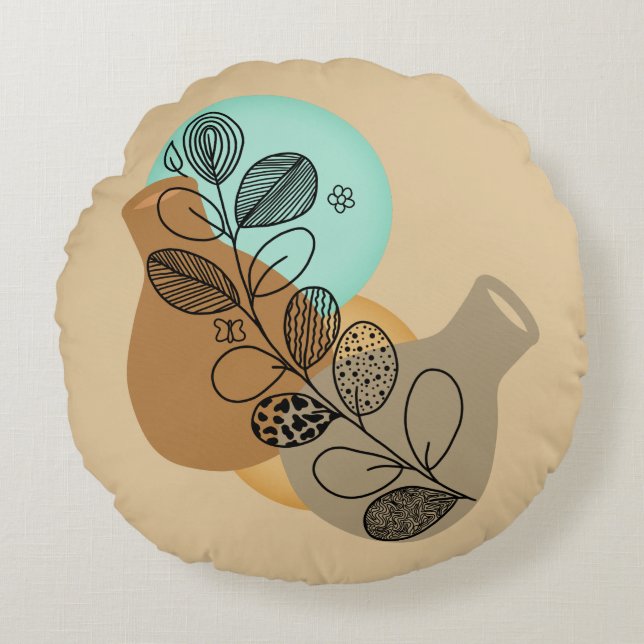 BOHEMIAN ABSTRACT MINIMALIST WITH BLACK LEAF ROUND CUSHION (Front)