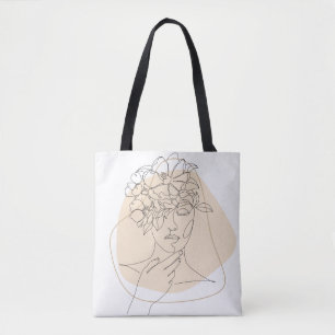 Bohemian Aesthetic Woman Face and Flowers Tote Bag