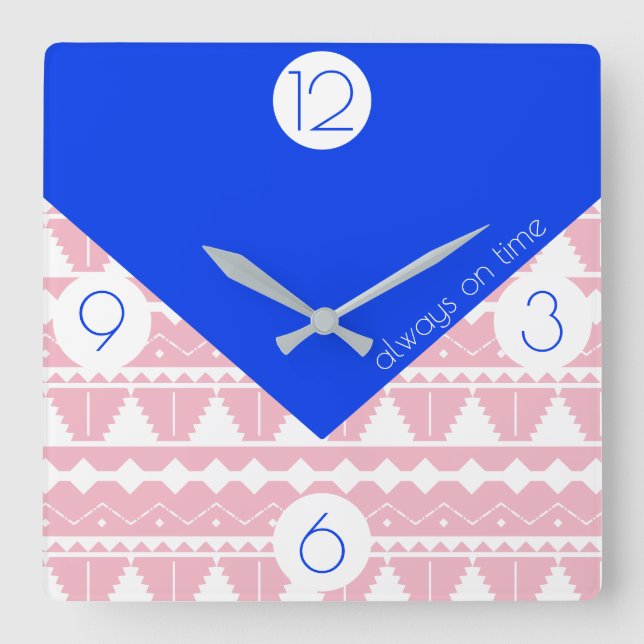 Bohemian Always on Time Blue & Blush Pink Square Wall Clock (Front)