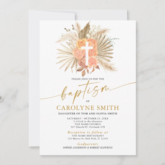 Bohemian and Pampas Grass Baptism Invitation (Front)
