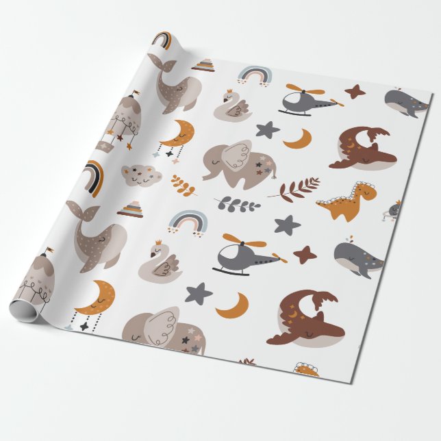 Bohemian Animals Celestial Boho Dreamy Stars Moon Wrapping Paper (Unrolled)