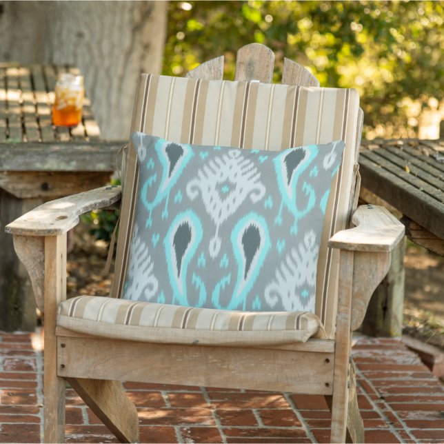 Bohemian Aqua Turquoise Ikat Tribal Art Pattern Cushion (Chair)