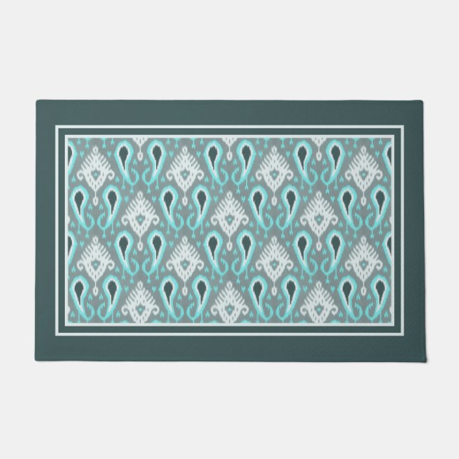 Bohemian Aqua Turquoise Ikat Tribal Art Pattern Doormat (Front)