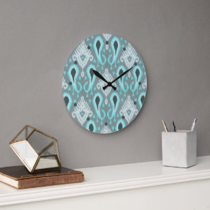 Bohemian Aqua Turquoise Ikat Tribal Art Pattern Large Clock