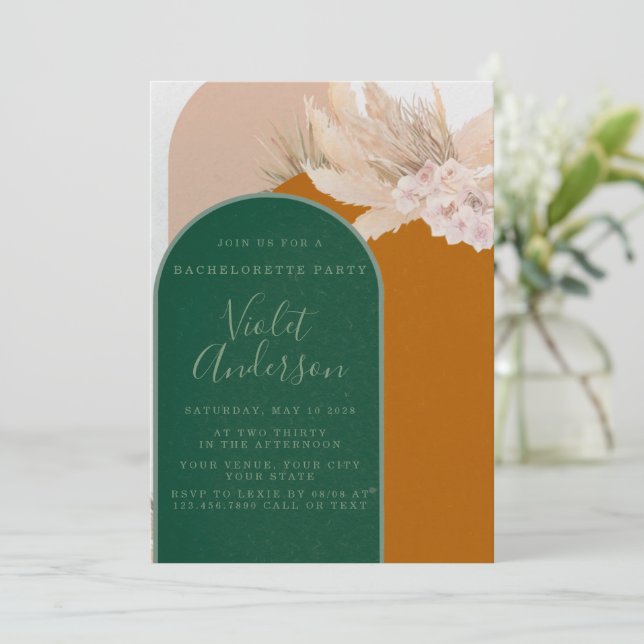 Bohemian Arch Pampas Grass Bachelorette Party Invitation (Standing Front)