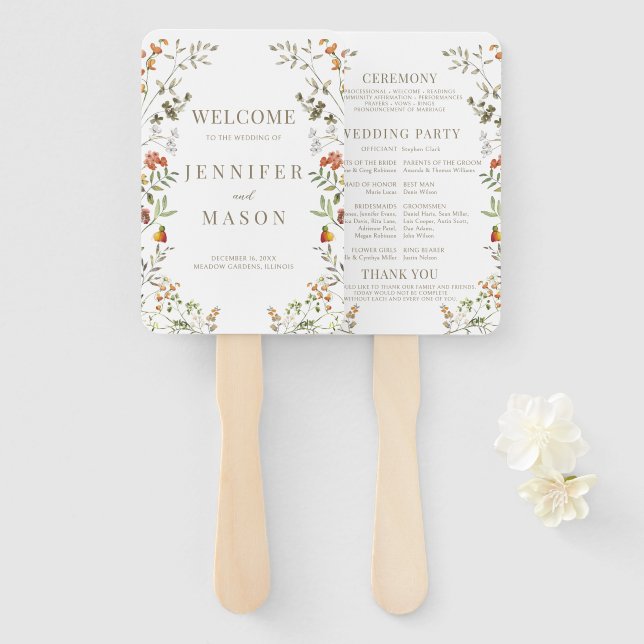 Bohemian Autumn Flower Fall Wedding Program Hand Fan (Front and Back)