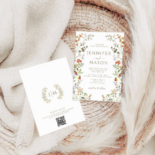 Bohemian Autumn Meadow Flower Wreath Fall Wedding Invitation