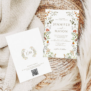 Bohemian Autumn Meadow Flower Wreath Fall Wedding Invitation