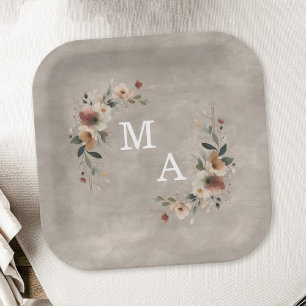 Bohemian Beige Floral Wreath Wedding Monogram Paper Plate