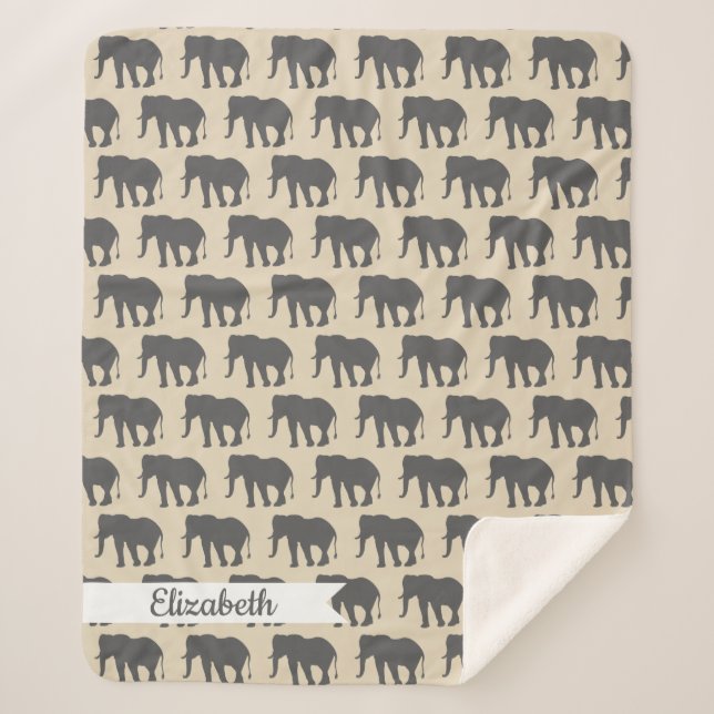 Bohemian Beige & Grey Elephants & Name in Script Sherpa Blanket (Front)