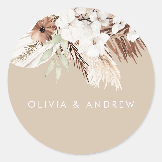 Bohemian Beige Modern Floral Wedding Name Classic Round Sticker (Front)