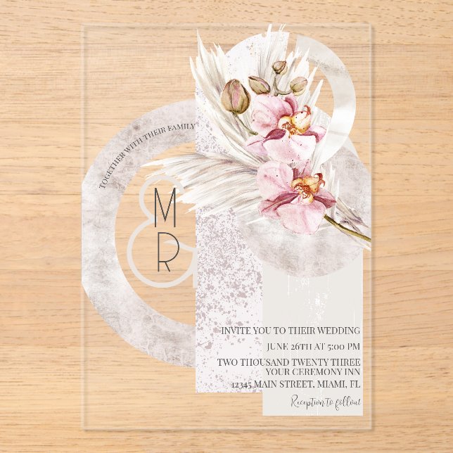 Bohemian Beige Pink Monogram Pampas Wedding  B Acrylic Invitations (Front)