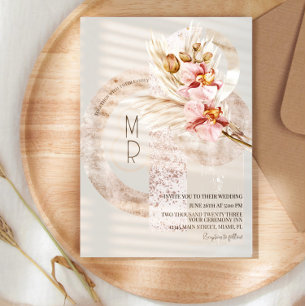 Bohemian Beige Pink Monogram Pampas Wedding  B Invitation
