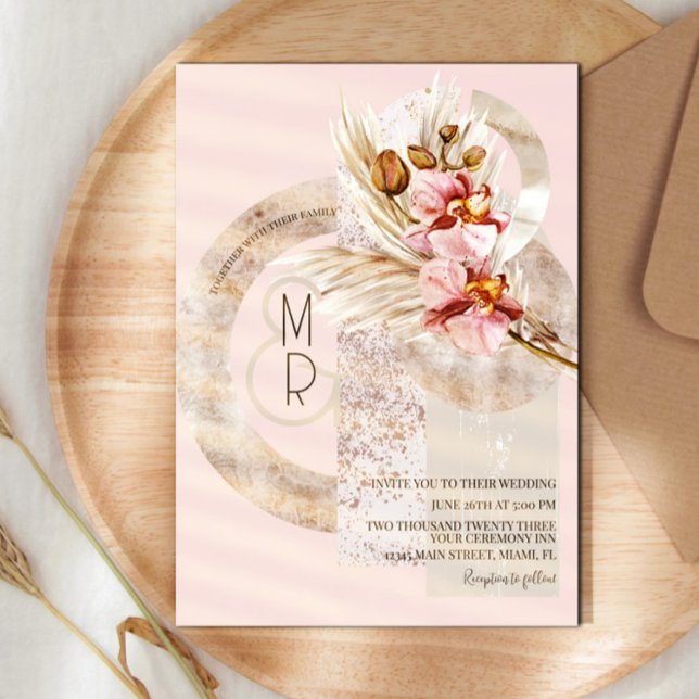 Bohemian Beige Pink Monogram Pampas Wedding  Invitation (Creator Uploaded)