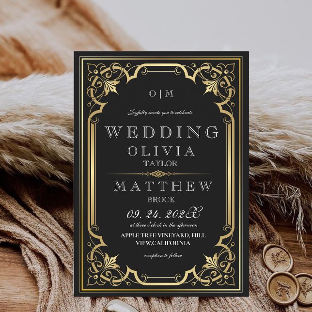 Bohemian Black Gold Ornate Photo Wedding Invitation (Creator Uploaded)