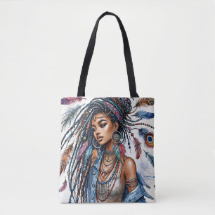 Bohemian Black Woman Watercolor Boho Art Tote Bag