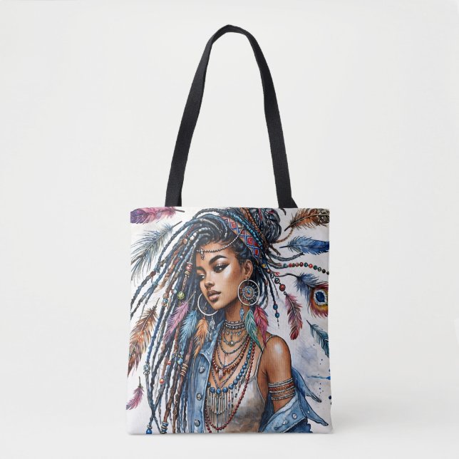 Bohemian Black Woman Watercolor Boho Art Tote Bag (Front)