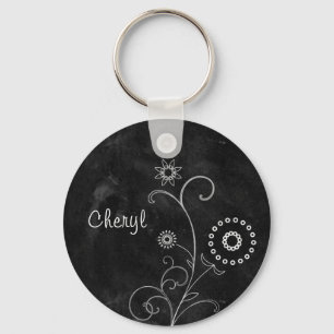 Bohemian Blackboard Pretty White Flowers With Name Key Ring