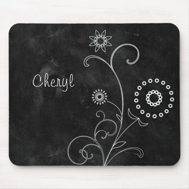 Bohemian Blackboard Pretty White Flowers With Name Mouse Pad (Front)