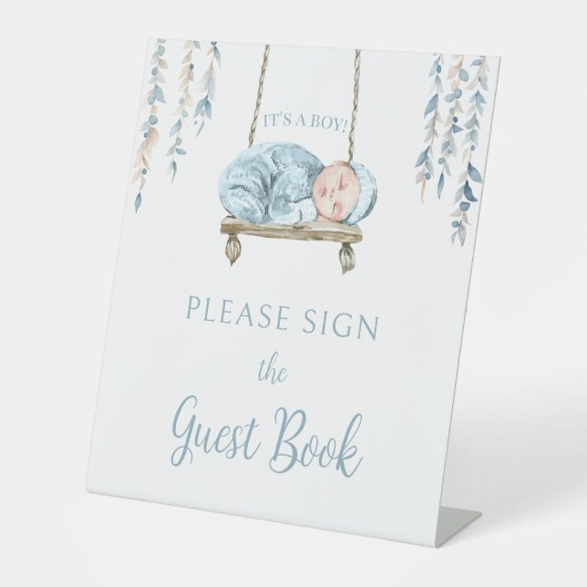 Bohemian blue baby boy shower guest book sign (Front)