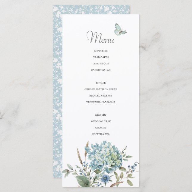 Bohemian Blue Botanical Watercolor Wedding Menu (Front/Back)