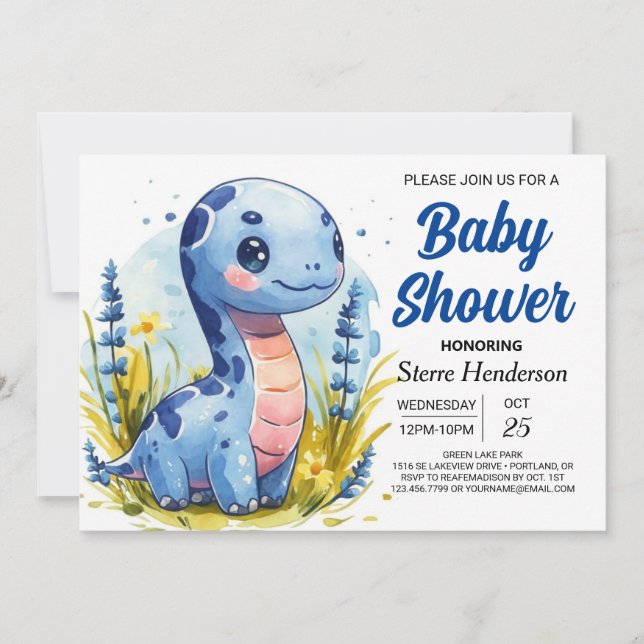 Bohemian Blue Custom Dinosaur Boy Baby Shower Invitation (Front)