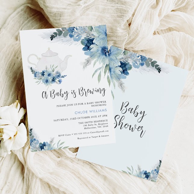 Bohemian Blue Floral Baby is Brewing Baby Shower  Invitation (Elegant boys boho blue floral baby is brewing baby shower invitation also featuring a white teapot.)