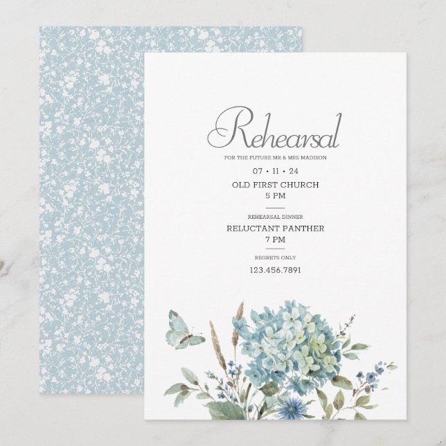 Bohemian Blue Floral Watercolor Wedding Rehearsal Invitation (Front/Back)