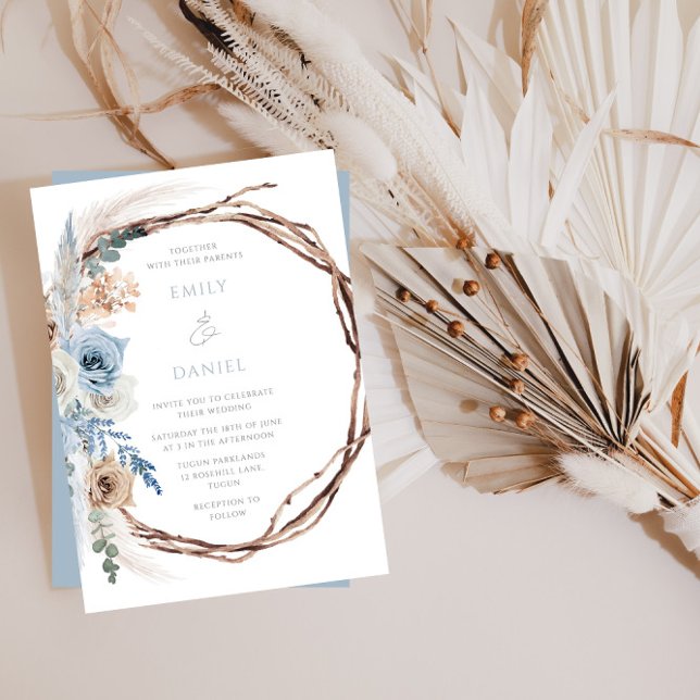 Bohemian Blue Floral Wreath Wedding Invitation (Creator Uploaded)