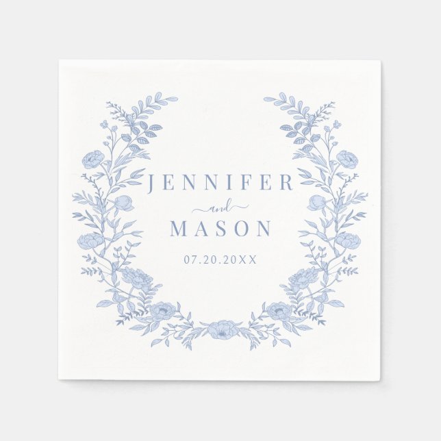 Bohemian blue floral wreath wedding paper napkins (Front)