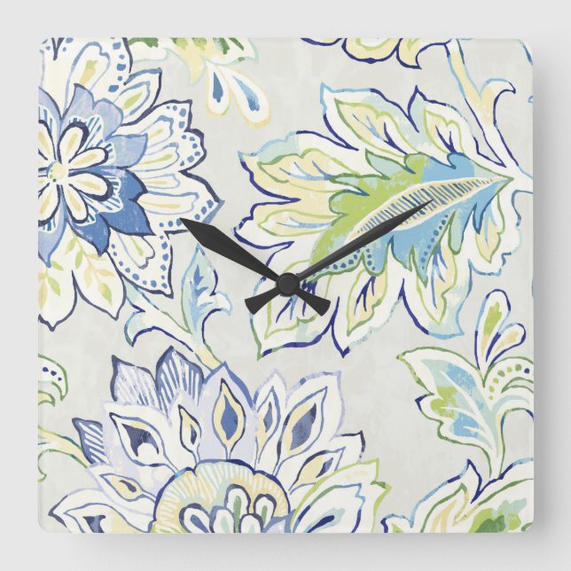 Bohemian Blue Flower Square Wall Clock (Front)