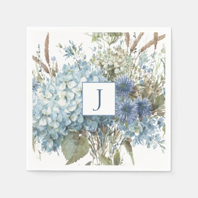 Bohemian Blue Flower Watercolor Bouquet Napkin (Front)