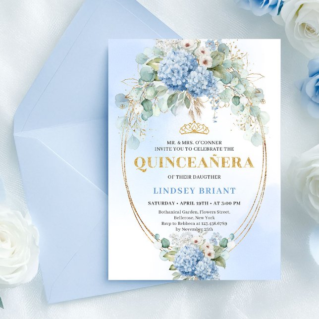 Bohemian Blue Flowers Gold Quinceañera Invitation (Bohemian Blue Flowers Gold Quinceañera Invitation)