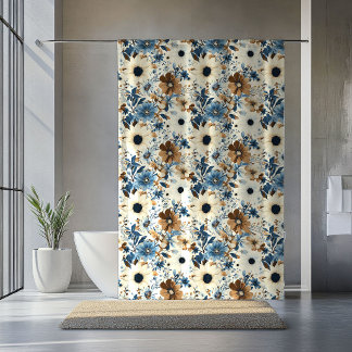 Bohemian Blue Flowers Opulent Brown Floral Curtain