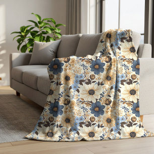 Bohemian Blue Flowers Opulent Brown Floral Plush Sherpa Blanket