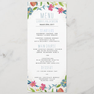 Bohemian Blue & pink Floral watercolour Wedding Menu