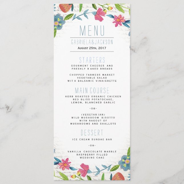 Bohemian Blue & pink Floral watercolour Wedding Menu (Front)