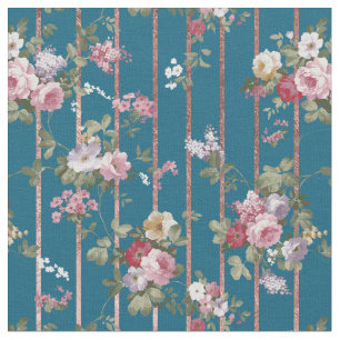 Bohemian blue pink red floral modern stripes fabric
