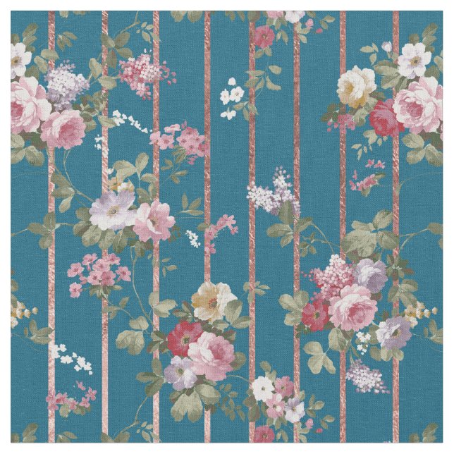 Bohemian blue pink red floral modern stripes fabric (Close Up)